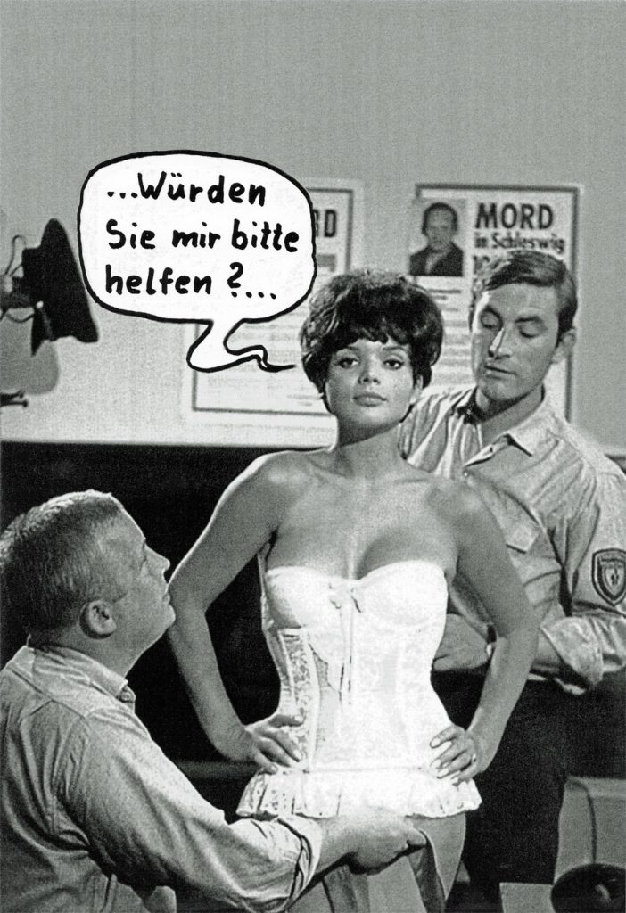 Schätzchen-Comic: Uschi Glas in weißem Mieder nach ihrem Striptease zwischen Rainer Basedow und Joachim Schneider als Polizisten in der Wache und sie sagt: Würden Sie mir bitte helfen ? zu den beiden