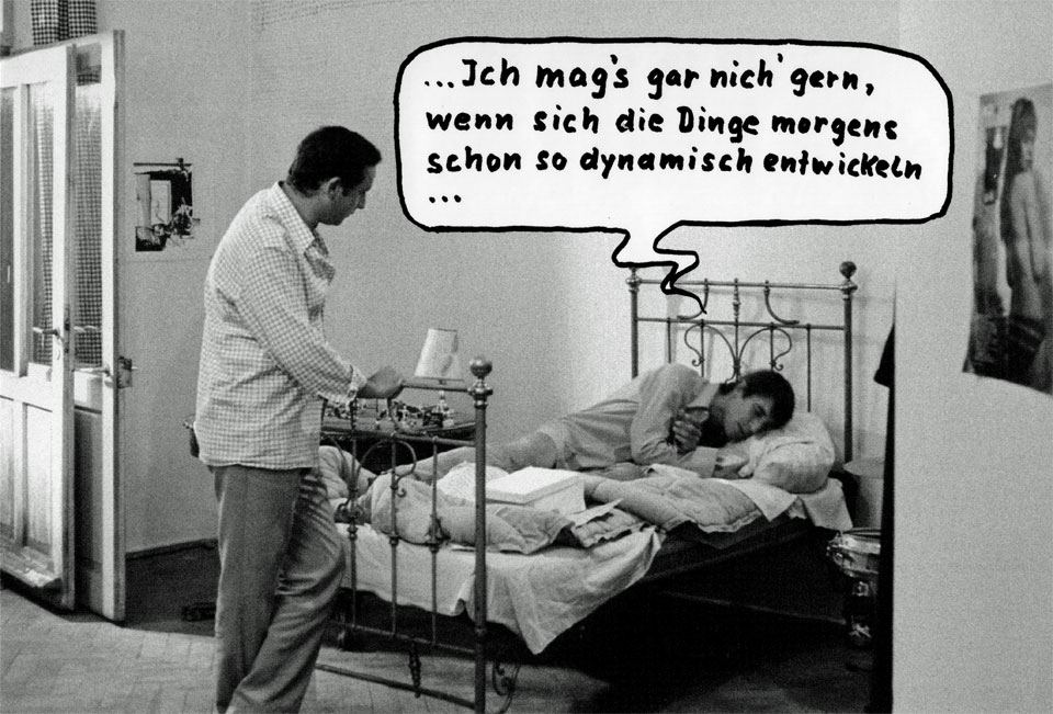 Schätzchen Comic: Henry van Lyck steht vor dem Bett, in dem Werner Enke liegt, der sagt: Ich mags gar nich gern, wenn sich die Dinge morgens schon so dynamisch entwickeln