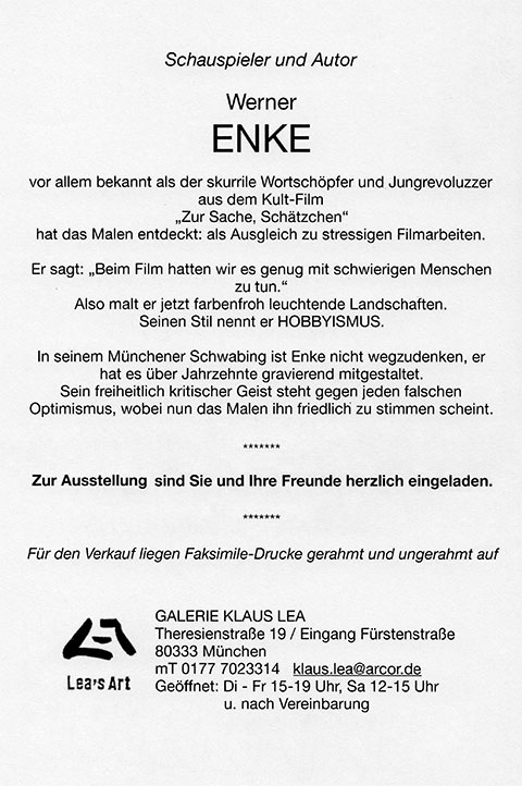 Einladung mit Text zur Bilder-Ausstellung von Werner Enke vom 20. September bis 28. Oktober 2023 in der Galerie Klaus Lea, Theresienstraße 19 / Eingang Fürstenstraße 80333 München