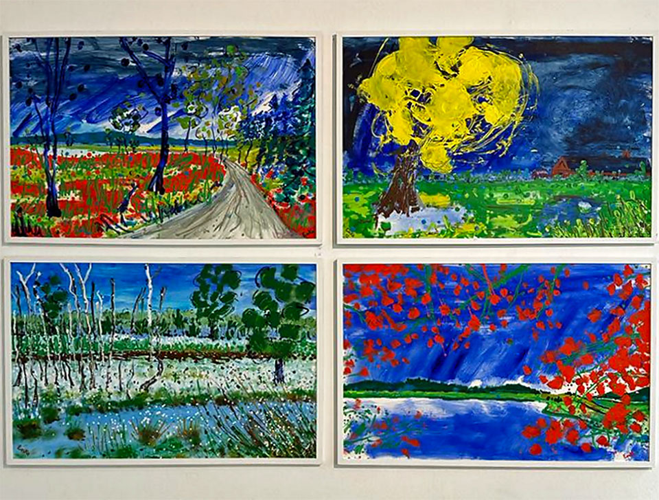 Foto einer Collage von Bildern von Werner Enke mit Natur-Motiven und Landschaften mit Bäumen zu verschiedenen Jahreszeiten