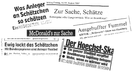 Bild-Collage verschiedener Presse- und Zeitungsartikel, die Sprüche und Zitate von Werner Enke verwendet haben wie "Was Anleger an Schätzchen so schätzen", "Zur Sache, Schätze", "McDonald`s zur Sache", "Ausgebuffter Fummel", "Ewig lockt das Schätzchen", "Wehe, wenn es wärmer wird"